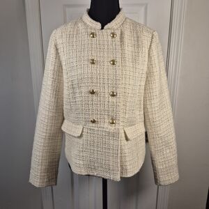 Talbots Elegant Cream & Gold Double-Breasted Tweed Jacket Size: 6 Quiet Luxury